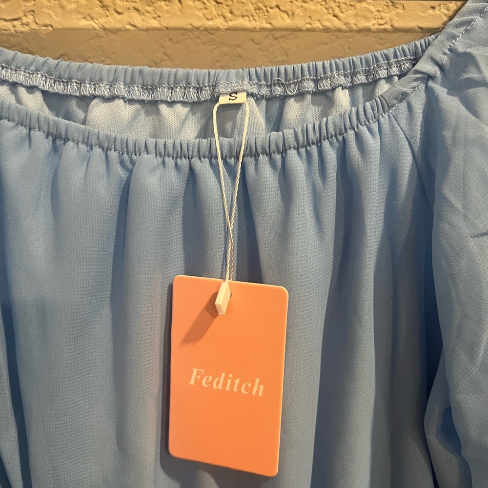 NWT— Feditch— Light Blue Chiffon Off-Shoulder Mini Dress, size SM - Picture 6 of 9